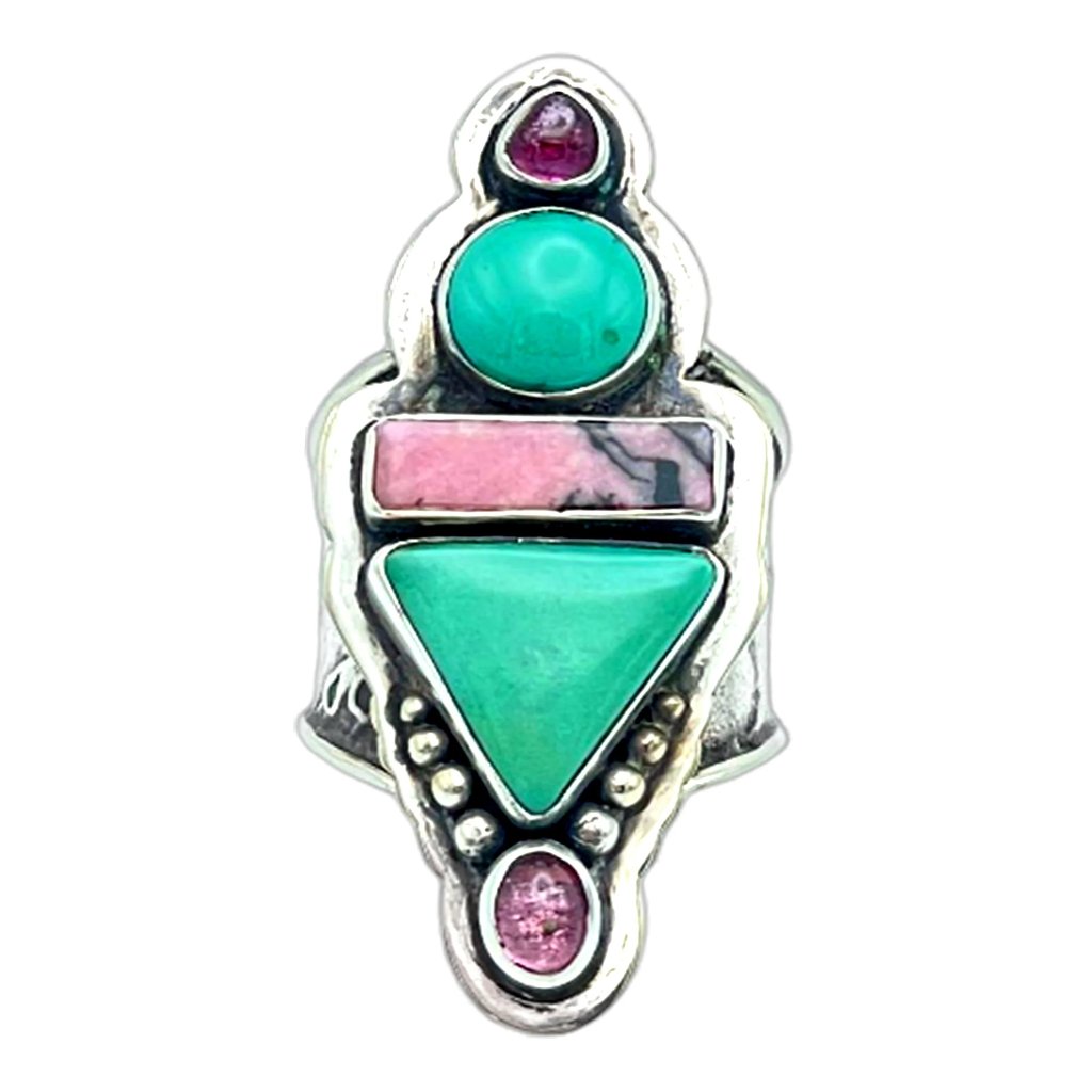 Tabra Jewelry 925 Silver Turquoise Pink Rhodonite Pink Turmaline Ring Sz 5 Ook51